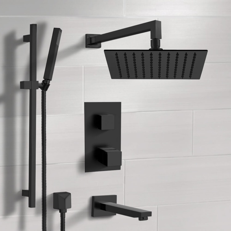 Remer TSR34-10 Matte Black Thermostatic Tub and Shower Faucet with 10 Inch Rain Shower Head and Hand Shower